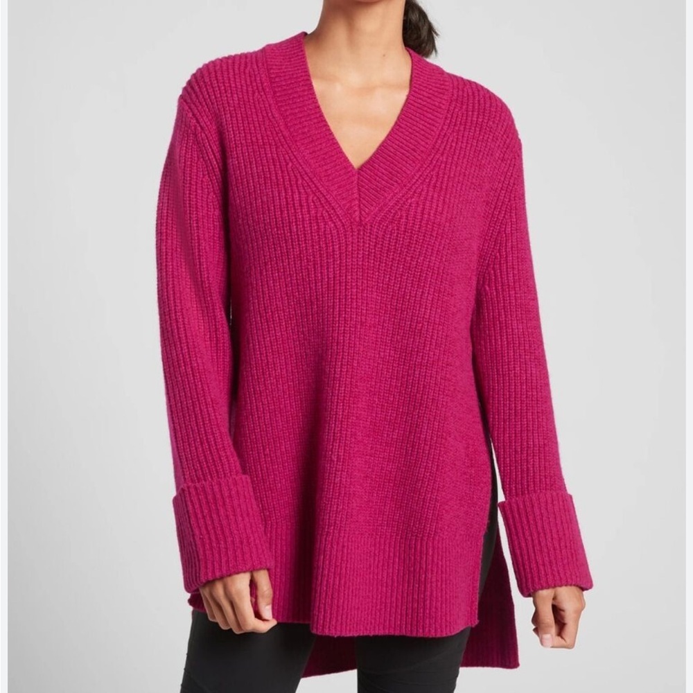 Athleta Pink Red Wool Blend Shasta Longline Split Hem Roll Cuff Chunky Sweater